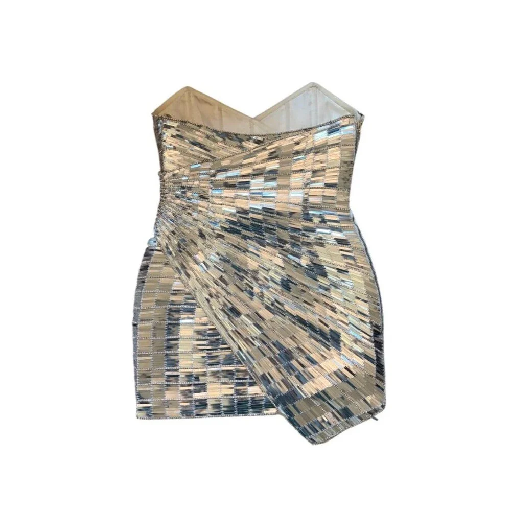 Retrofete Aura Strapless Rhinestone Embellished Mini Dress Silver Size Small - Picture 3 of 16